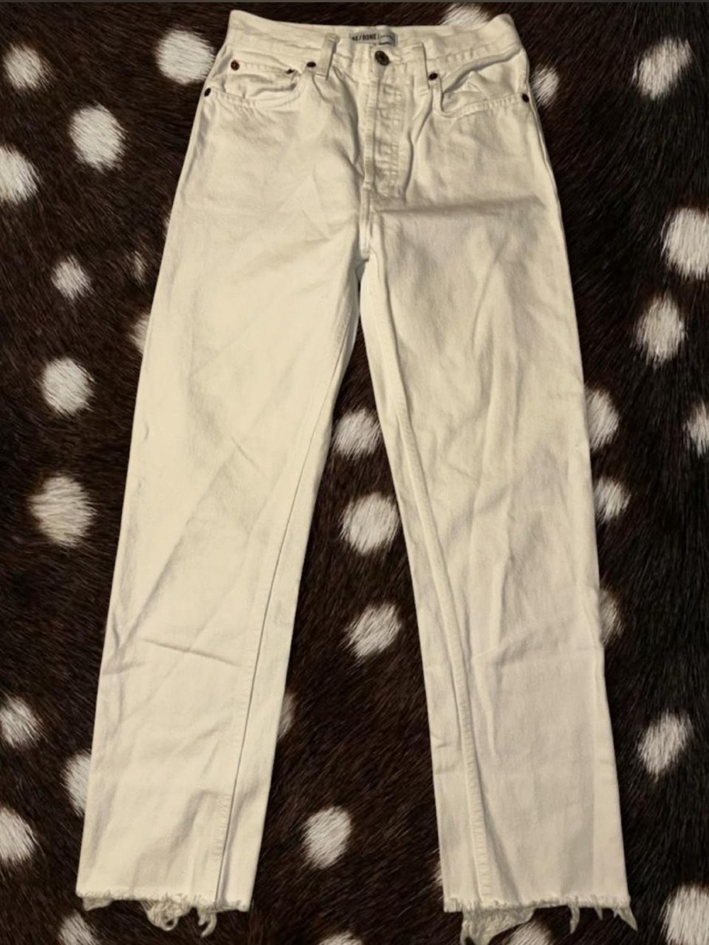White Re/Done Straight Leg raw hem jeans with button fly, Size 25